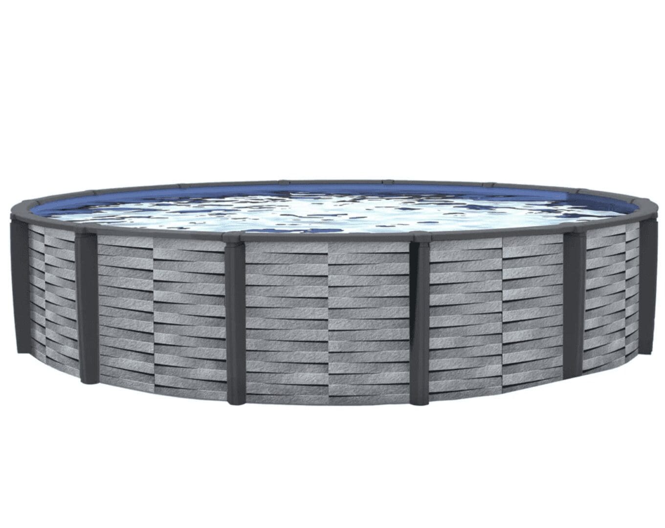 Round above-ground pool with stone-like exterior.